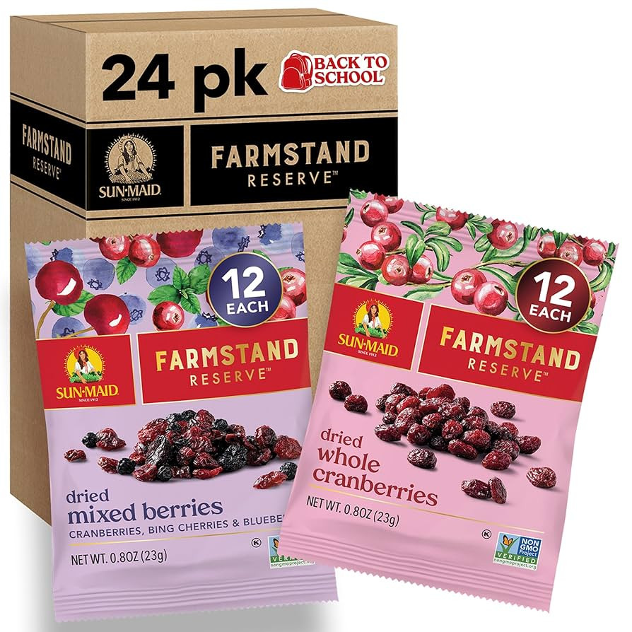 Sun-Maid Farmstand Reserve 24 Count Variety Pack - 0.8 oz Snack Bag – (12) Whole Dried Cranberr... | Amazon (US)