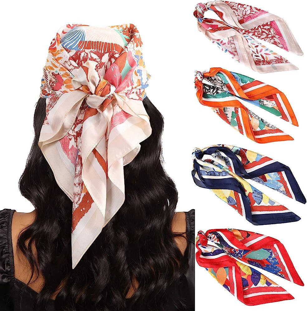 AWAYTR 27.5” Silk Satin Square Head Scarf - 4PCS Satin Head Scarves for Women Hair Kerchief Ban... | Amazon (US)