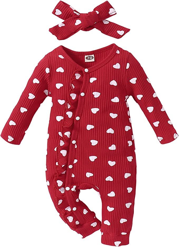 BOUTIKOME Infant Baby Girl Valentines Day Outfit Love Heart Print Footie Romper Ruffle One Piece ... | Amazon (US)
