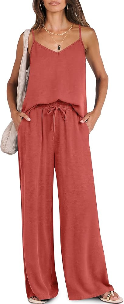 Caracilia Women Summer 2 Piece Lounge Sets Outfits Casual Matching Tank Top Wide Leg Pants Set Tr... | Amazon (US)