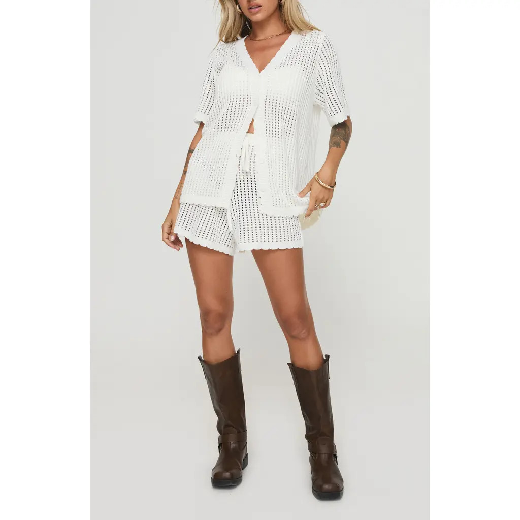 Princess Polly Beach Day Open Stitch Cotton Blend Cardigan & Shorts Set in White at Nordstrom, Size 8 | Nordstrom