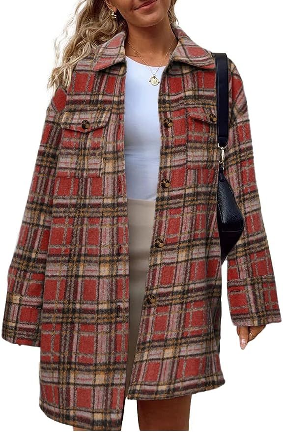 Amazon.com: Simplee Womens Flannel Plaid Shacket Jacket Chest Pocketed Shirts Coats Wine Red Medi... | Amazon (US)