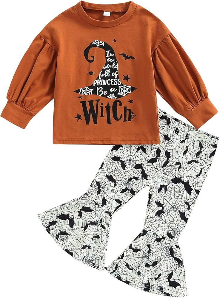 Toddler Baby Girl Halloween Outfits Letter Print Long Sleeve Shirt Pullover and Bell-Bottom Pants... | Amazon (US)