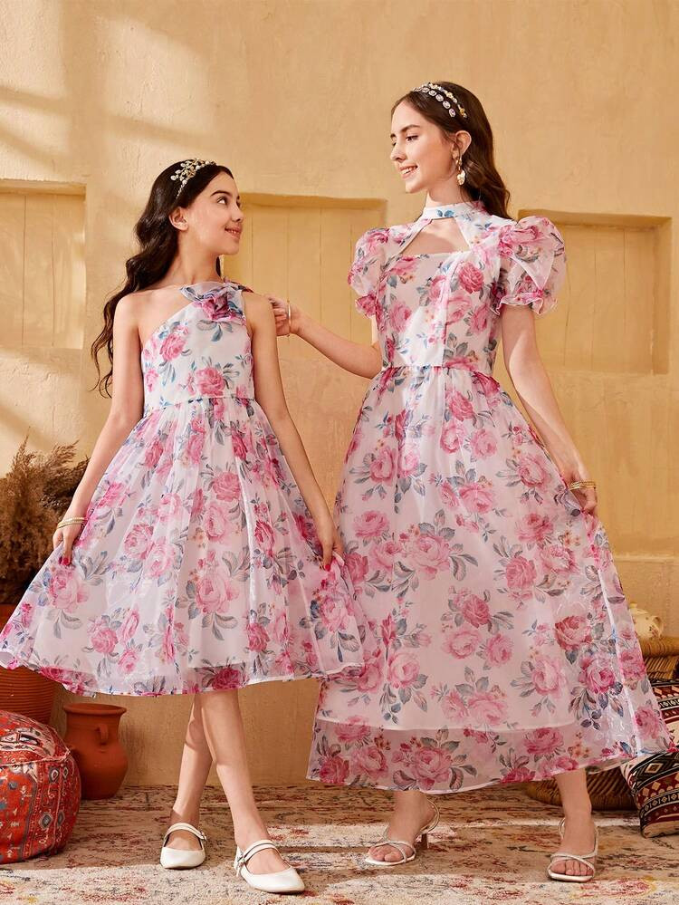 SHEIN Teen Girl's Floral Embroidered Organza Puff Sleeve Dress With Hollow Out Front | SHEIN