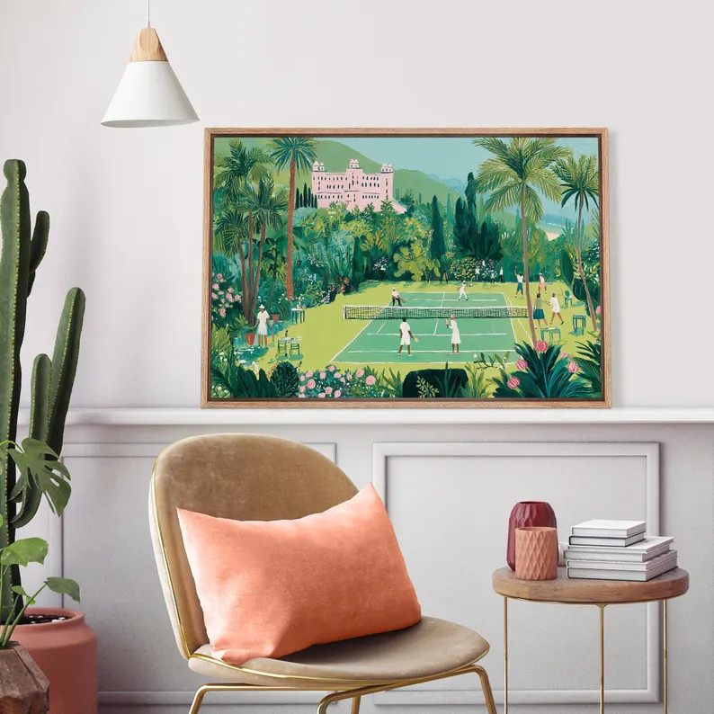 Tropical Tennis Wall Art - Framed Vibrant Garden Canvas Print, Vintage Resort Style Artwork, Colo... | Etsy (Global)