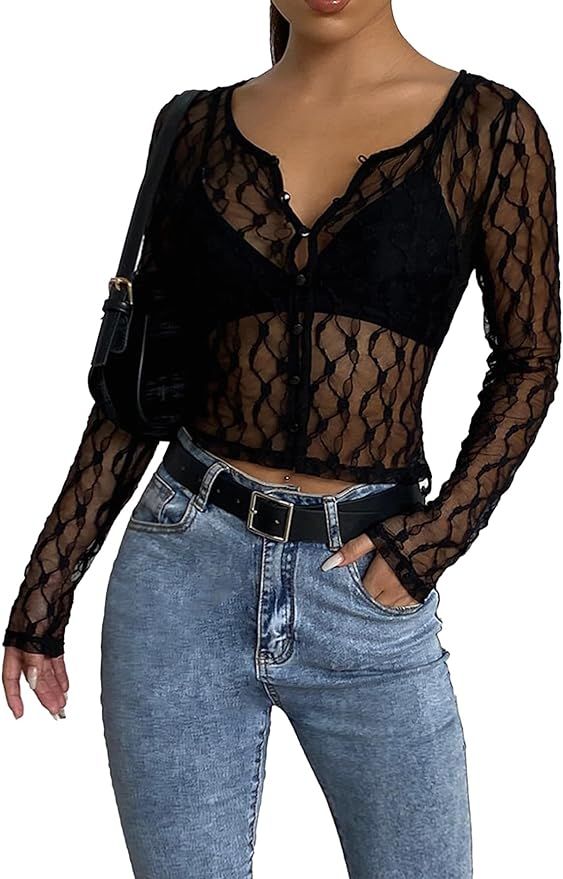 Verdusa Women's Button Up Sheer Lace Top Long Sleeve Scoop Neck Blouse Shirt | Amazon (US)