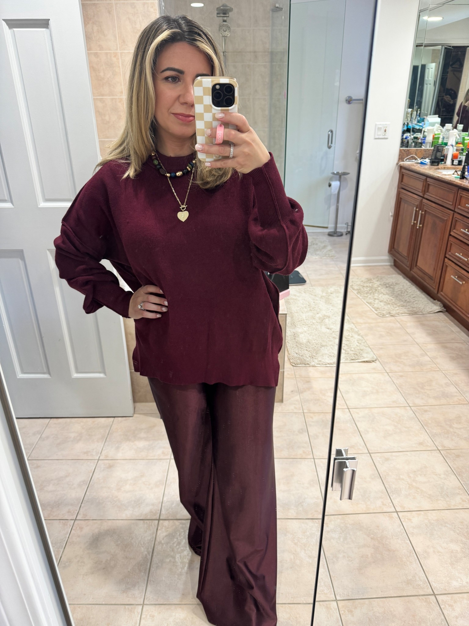 Monochromatic look from Amazon! I love silk pants. I have a medium in both. 