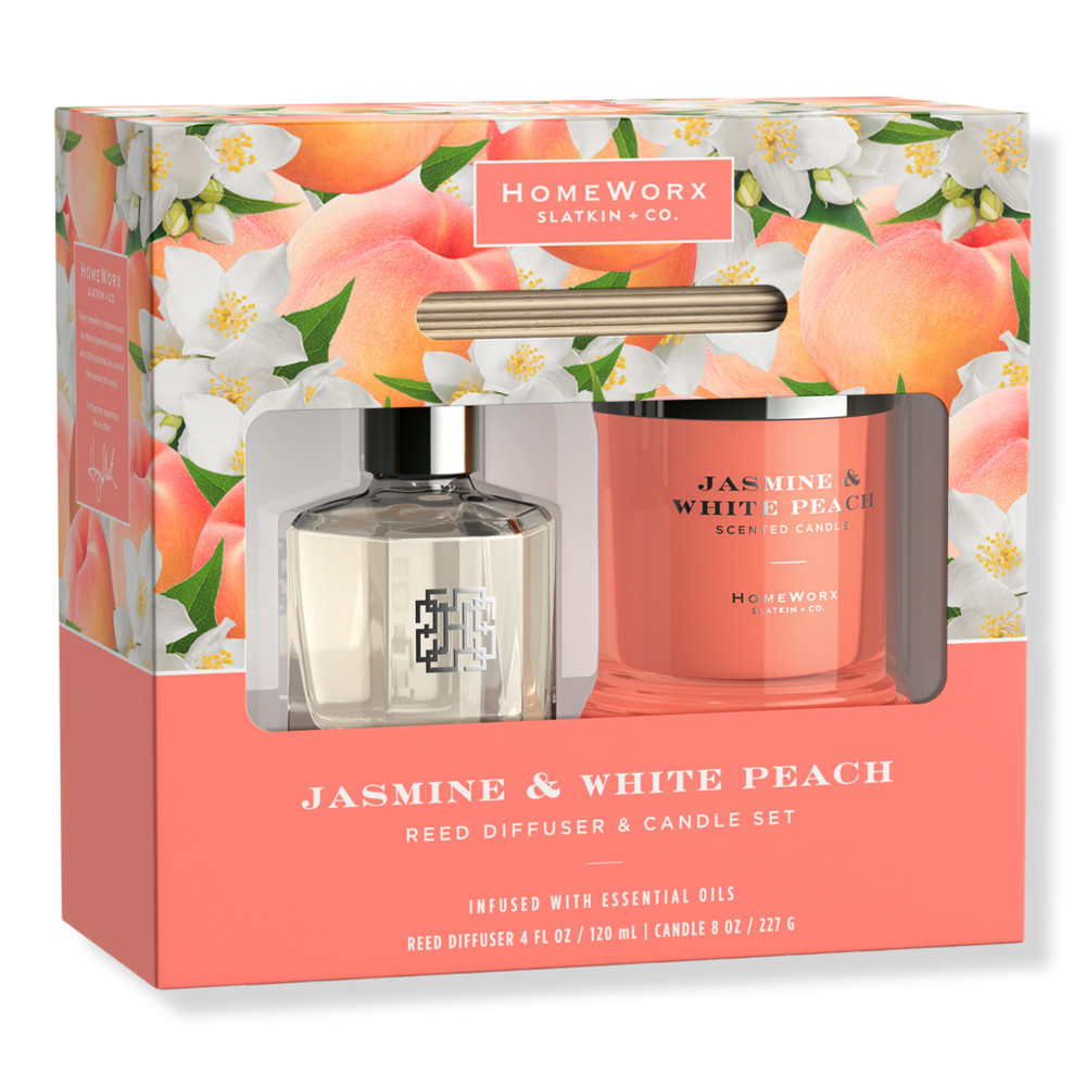 HomeWorx Jasmine & White Peach Candle and Reed Stick Diffuser Gift Set | Ulta
