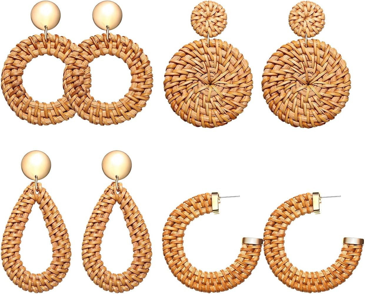 Rattan Statement Hoop Earrings - Woven Dangle Drop Earrings Set | Amazon (US)