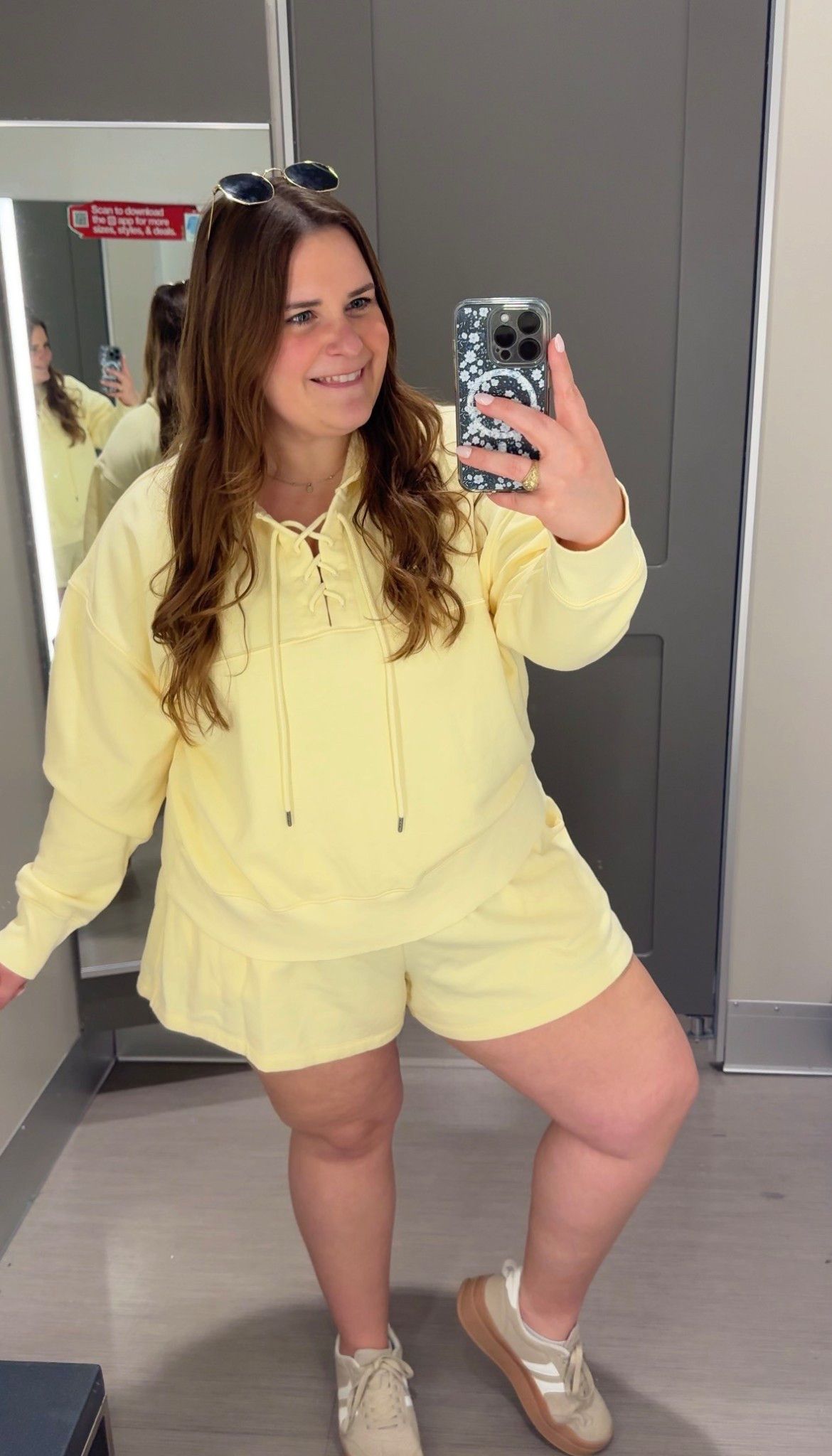 Obsessed with this beautiful butter yellow set! I’m wearing an XXL in the shorts and an xl in the sweatshirt! It’s so soft and comfy! Finished the look with amazon sneakers and my favorite Amazon sun glasses! 

#LTKootd #LTKMidsize #LTKPlusSize