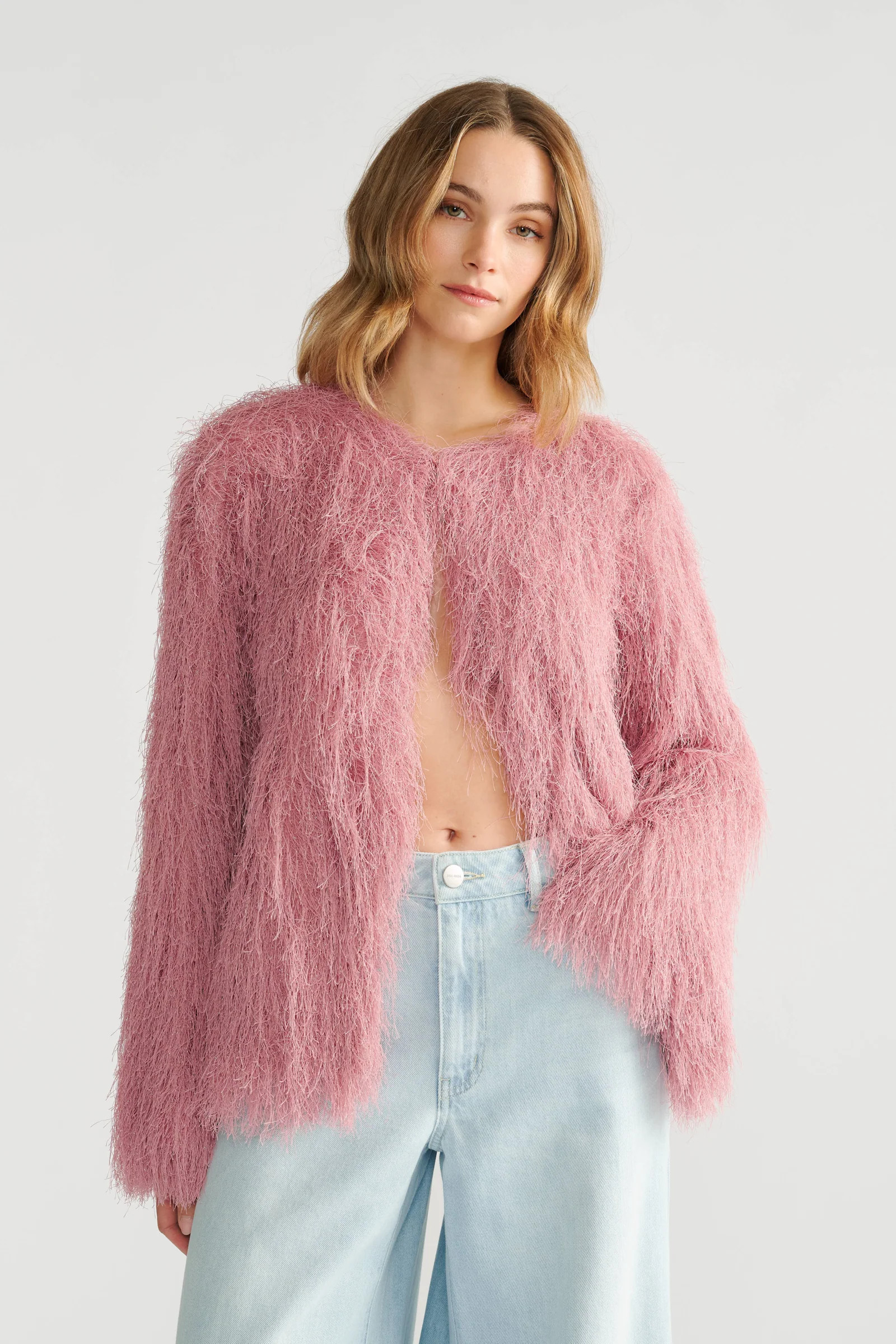 Kenzie Lurex Fringed Jacket - Peony Pink | DECJUBA