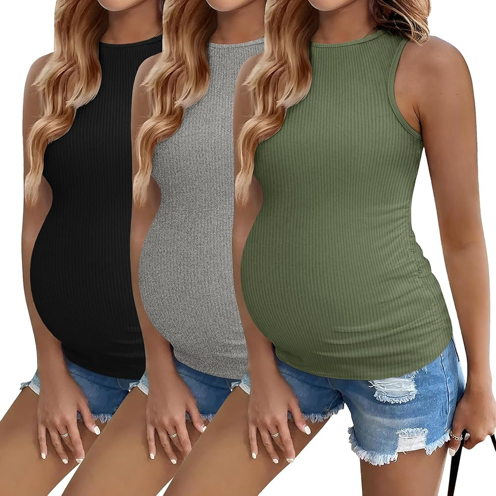 Ekouaer Women Maternity Tank Tops 3 Packs Crew Neck Ribbed Pregnancy Shirts Mama Clothes | Amazon (US)