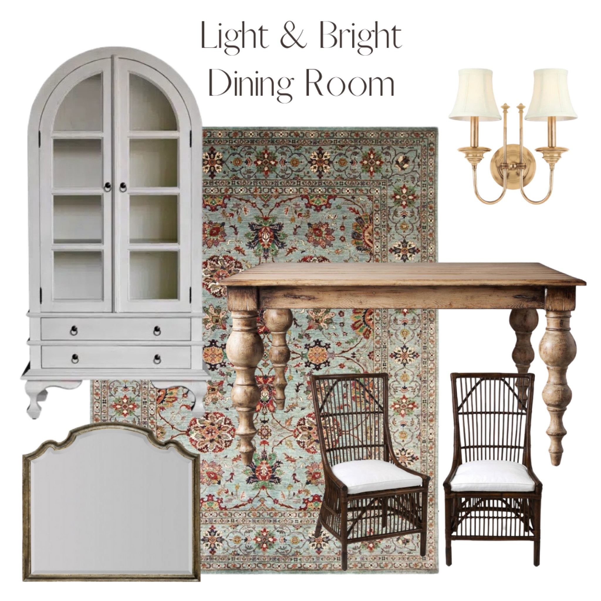 Light & bright dining room. Arched cream China cabinet, arched mirror, turned leg wood dining table, rattan chairs, brass sconces.

Medium wood dining room table. Blue tone area rug.

#LTKhome