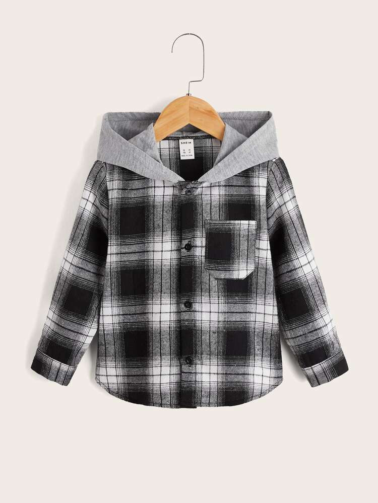 SHEIN Toddler Boys Tartan Print Button Front Hooded Shirt | SHEIN