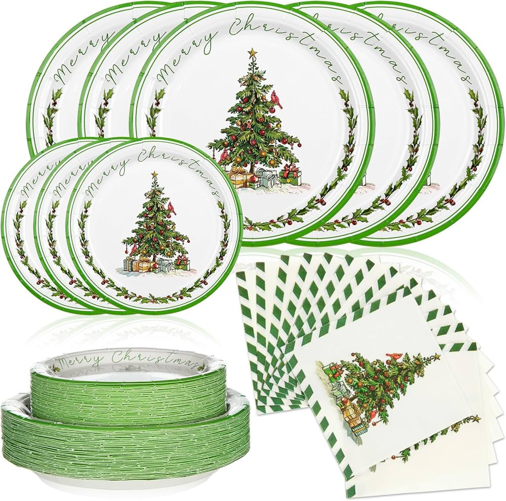 Yungyan 150 Pcs Christmas Party Supplies Christmas Tree Paper Dinnerware Set Including 50 Paper P... | Amazon (US)