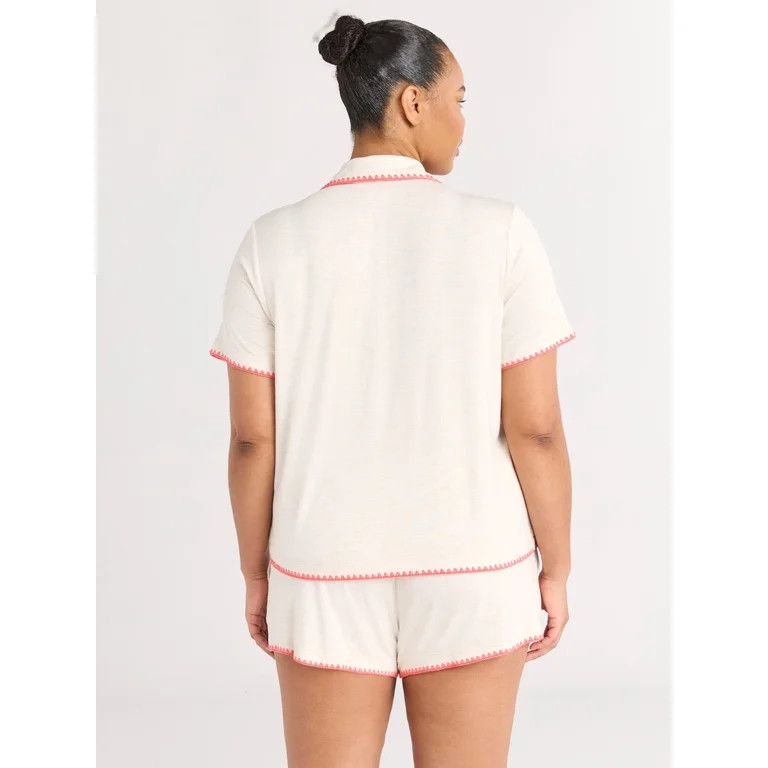Joyspun Women’s Short Sleeve Notch Top and Shorts Pajama Set with Blanket Stitching, Sizes XS-3... | Walmart (US)