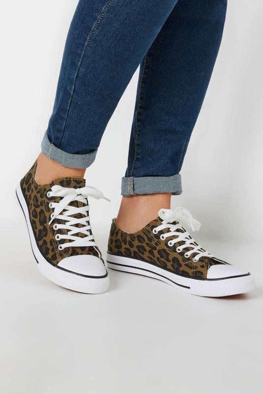 Yours Brown Leopard Print Canvas Low Trainers In Wide E Fit | Long Tall Sally