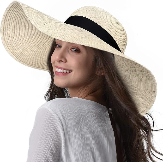Womens Sun Straw Hat Wide Brim UPF 50 Summer Hat Foldable Roll up Floppy Beach Hats for Women | Amazon (US)