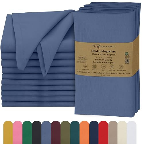 Ruvanti Cloth Napkins Set of 12, 18x18 Inches, Napkins Cloth Washable, Soft & 100% Cotton Napkins, Perfect for Wedding, Christmas Napkins, ‎Thanksgiving, Dinner Napkins - Bijou Blue | Amazon (US)