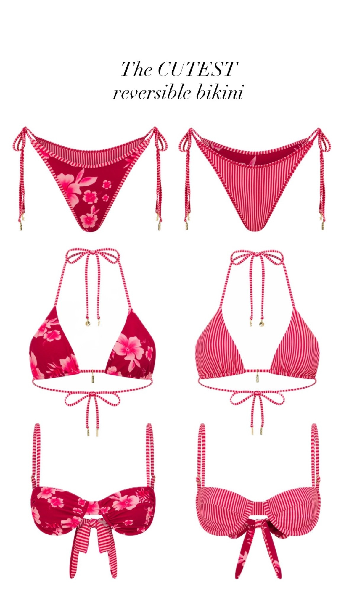 this bikini is actually insane 🤍

reversible so you get two different looks and both are so cute

perfect for vacations, beach days, and tanning

reversible bikini, affordable bikini, red bikini set, cute swimwear, summer bikini inspo