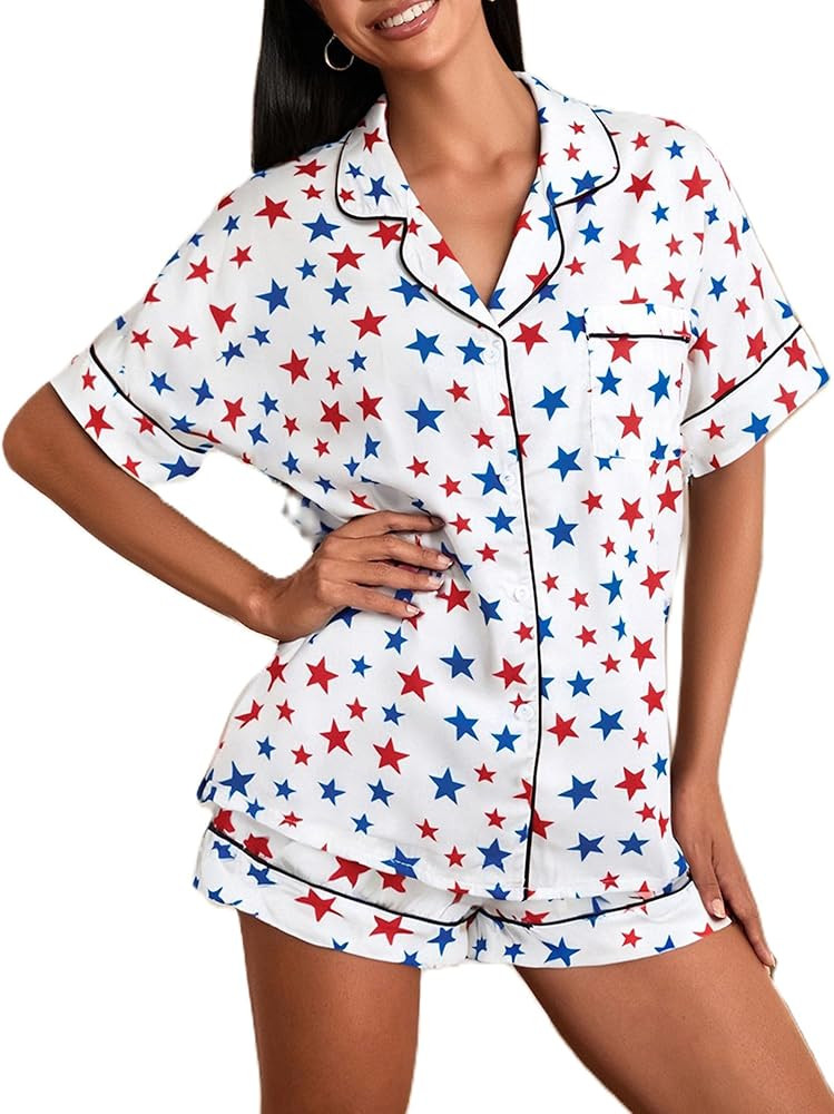 Women 4th Of July Silk Pajama Sets American Flag Short Sleeve Shirt Shorts 2Pcs Independence Day ... | Amazon (US)