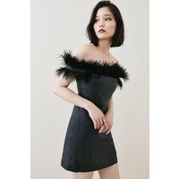 Karen Millen Leather Bardot Feather Mini Dress -, Black | Karen Millen UK & IE