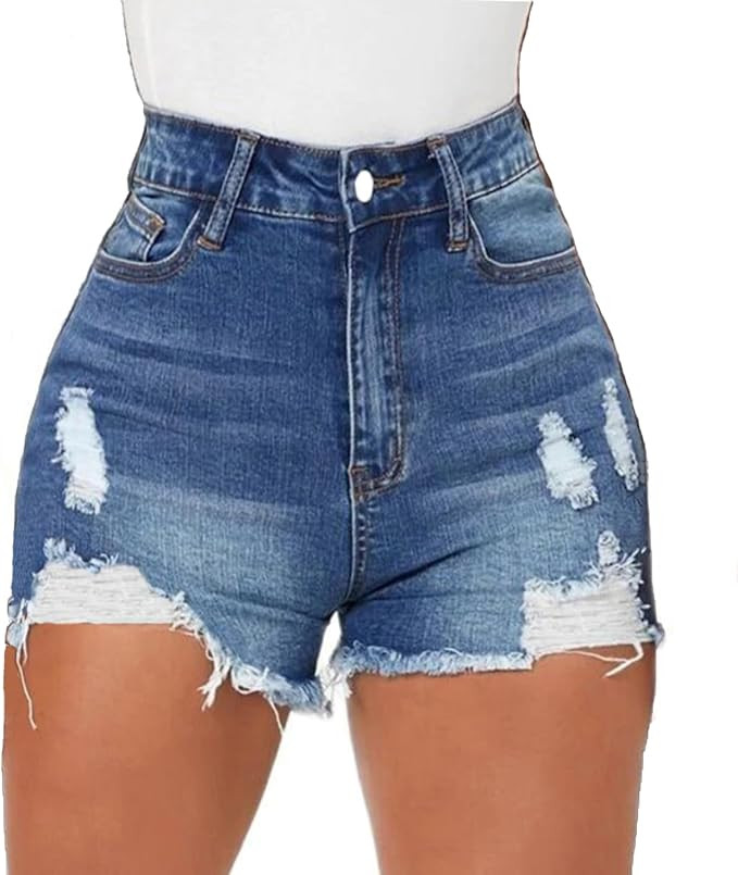 Women High Waisted Skinny Stretchy Denim Shorts Casual Summer Frayed Raw Hem Distressed Ripped Sh... | Amazon (US)