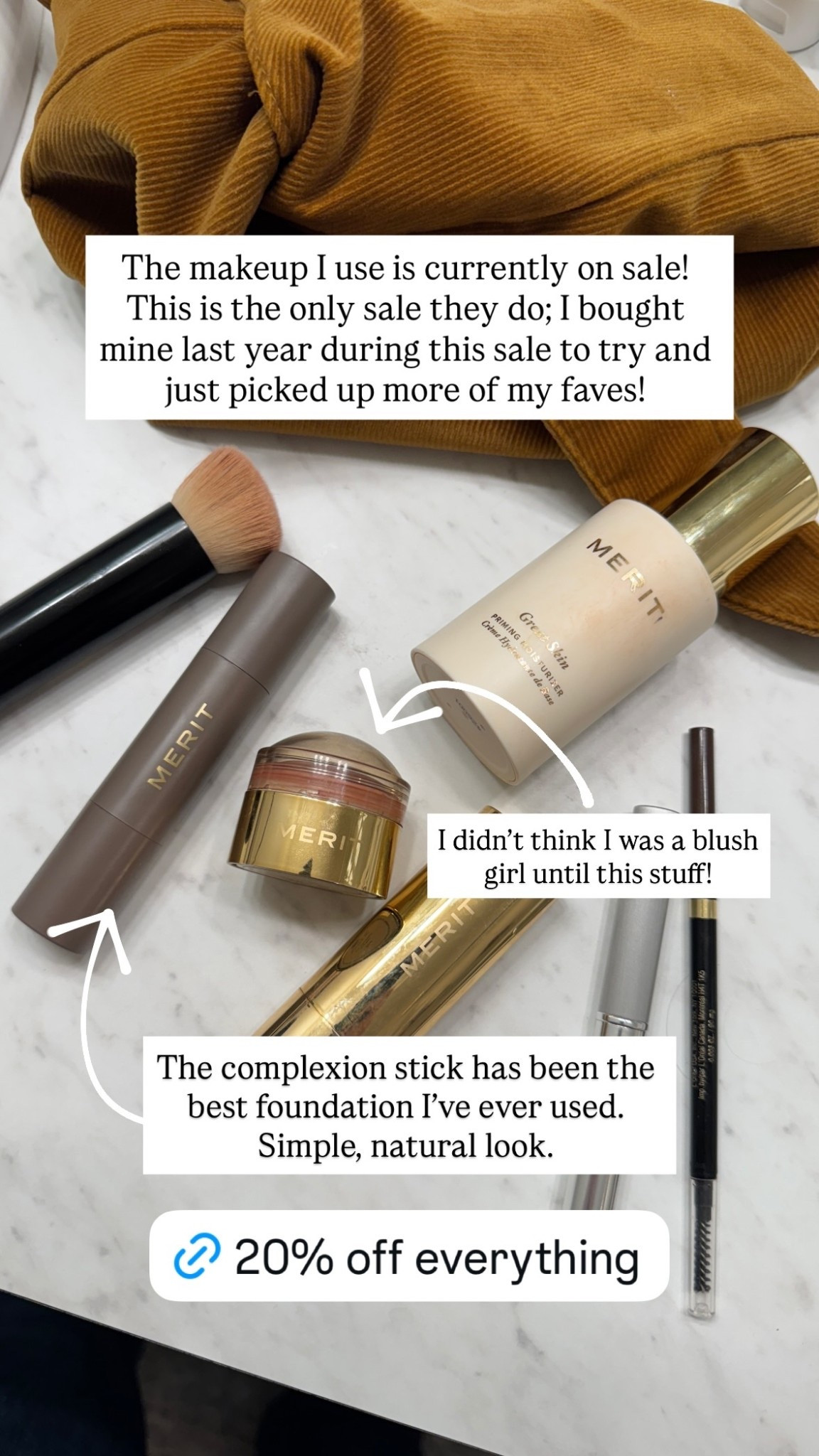 The makeup I use is currently on sale! This is the only sale they do; I bought mine last year during this sale to try and just picked up more of my faves! The complexion stick has been the best foundation I’ve ever used.
Simple, natural look.  I didn’t think I was a blush girl until this stuff!