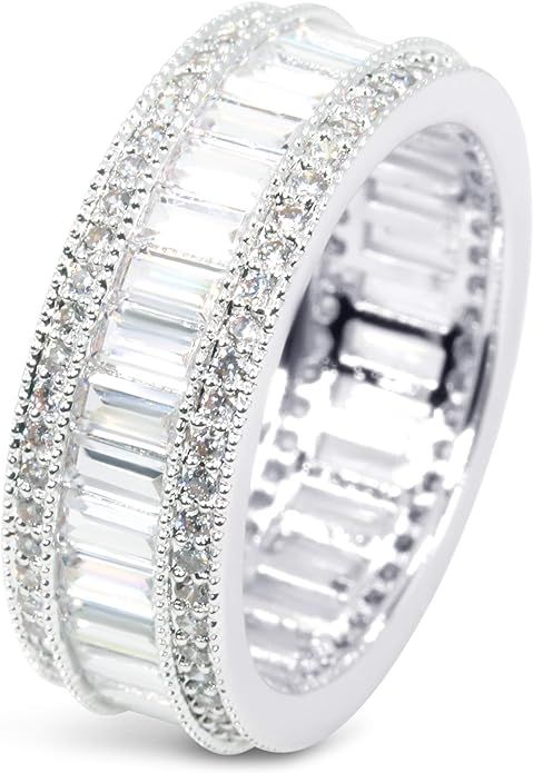 Savlano 18K Gold Plated Cubic Zirconia 8MM Emerald Cut Eternity Lustrous Ring Band for Women | Amazon (US)