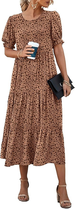 PRETTYGARDEN Women's Summer Casual Boho Dress Floral Print Ruffle Puff Sleeve High Waist Midi Bea... | Amazon (US)