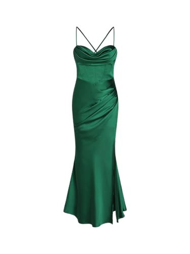 CIDER Satin Dress Cowl Neck Maxi Dress Party Cocktail High Waist Sleeveless Gown Green | Amazon (US)