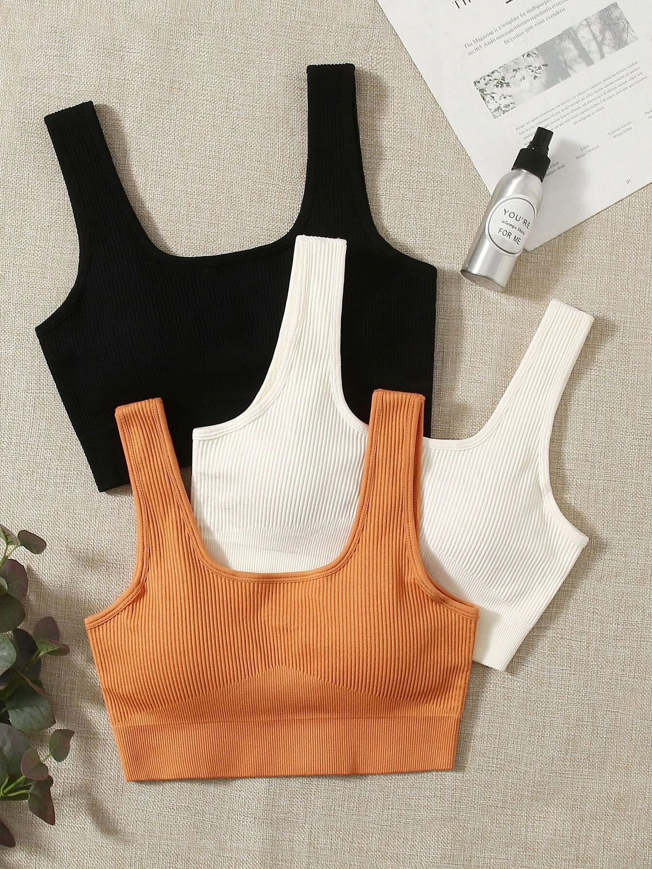 Seamless Breathable 3pcs Ribbed Knit Solid Sports Bra | SHEIN