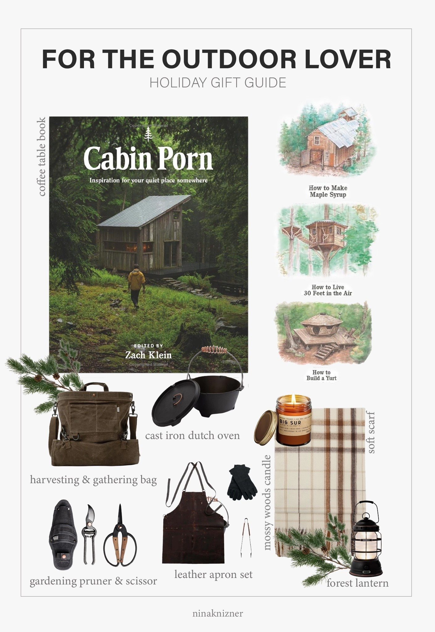 Holiday Gift Guide for the Outdoorsy Person.

Came across this Cabin Porn book at a treehouse I rented in Oregon. It  illustrates values of slow living, community, and being one with nature. 

Years ago I came across Barebones, a beautiful artisanal outdoor brand and love it to this day. Owned their forest lantern for years and use it on every road trip. Just ordered their gathering bag and prunes for when I go foraging for mushrooms or collecting pinecones and branches. Can’t wait to use it! 

Candlefy is one of my favorite brands for luxurious natural scents. The Big Sur is so perfect for winter. Love that it’s not your typical Christmas scent, but still transports you the woodsy landscapes.

- Amazon Cabin Porn Coffee Table Book
- Barebones Harvesting & Gathering Bag in Dark Khaki
- Barebones Garden Scissors
- Barebones Pruner 
- Leather Apron, Gloves & Tong Bundle
- Barebones Polished Cast Iron Dutch Oven 
- Candlefy Big Sur Natural & Coconut Soy Wax Candle 
- Mango Check Scarf with Fringed Edges in Ecru
- Barebones Forest Lantern 

#outdoors #hiking #camping #mountains #getaway #roadtrip #cabin #coffeetablebook #book #foraging #gardening #scissors #prunes #bonfire #iron #castiron #dutchoven #apron #cook #grill #candle #waxcandle #wintercandle #christmascandle #gift #giftsforher #giftsforhim #scarf #plaid #lantern #forest #holiday #holidaygift #christmas #christmasgift

#LTKSeasonal #LTKGiftGuide #LTKHoliday