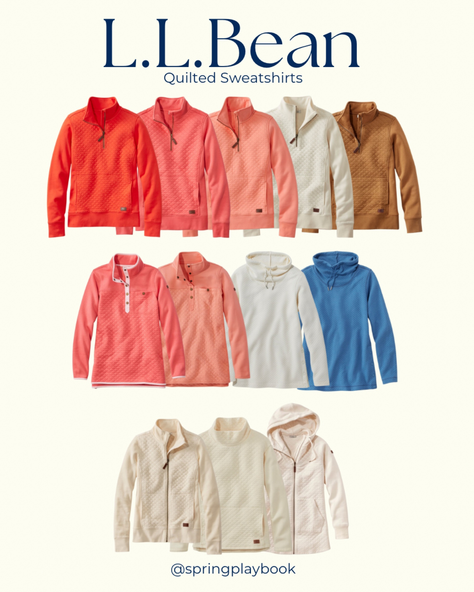 L.L.Bean Quilted Sweatshirts. Quarter zip, cowl neck, hooded, full zip, and mockneck. 

#createdcolorful #createdcolorfulspring #hocspring #tcispring #pcaspring #springcream #springred #springcoral #springcamel #springblue #springpink

#LTKplussize #LTKmidsize #LTKSeasonal