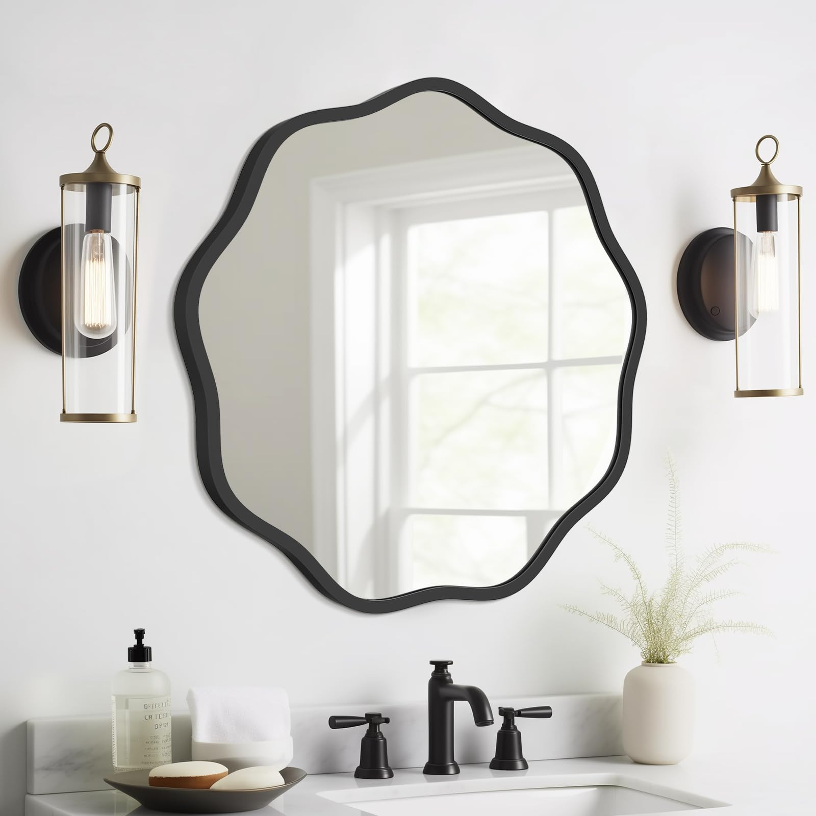 WallBeyond Round Wavy Mirror for Wall Decorative 20 inch, Modern Round Mirror Aluminum Frame for Bathroom Bedroom Living Room Home House Office Entryway, Black | Amazon (US)