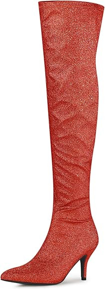 Allegra K Women's Glitter Pointed Toe Stiletto Heel Over the Knee Thigh High Boot | Amazon (US)