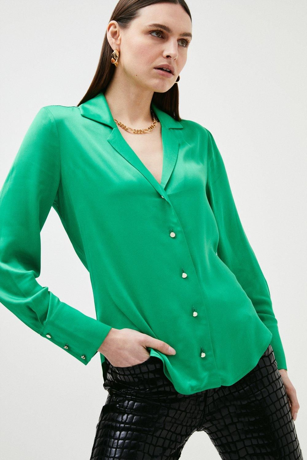 Viscose Satin Deep V Woven Shirt | Karen Millen UK & IE