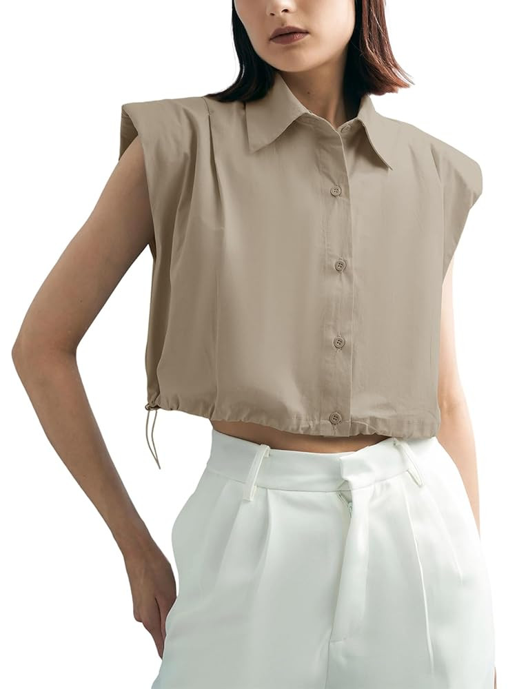 Tankaneo Womens Sleeveless Button Down Shirts Casual Loose V Neck Pad Shoulder Crop Tank Top | Amazon (US)