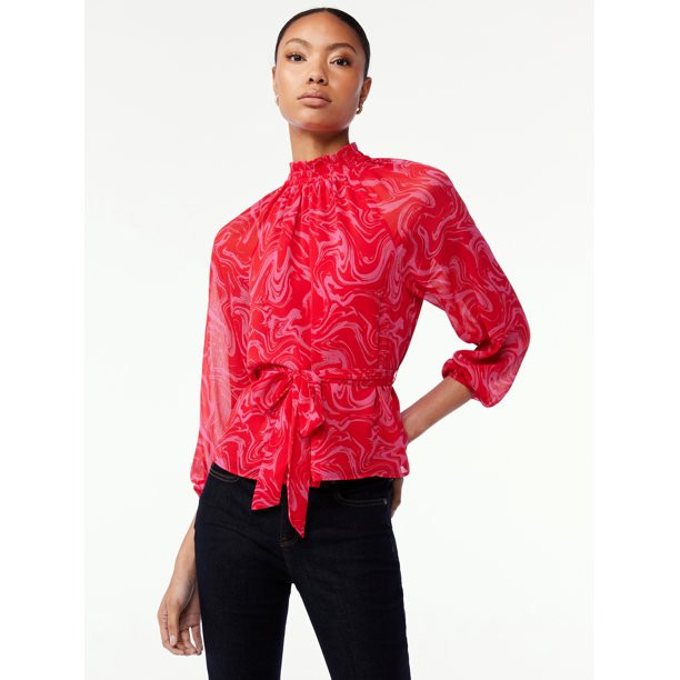Scoop Women's Smocked Neck Tie Waist Blouse - Walmart.com | Walmart (US)