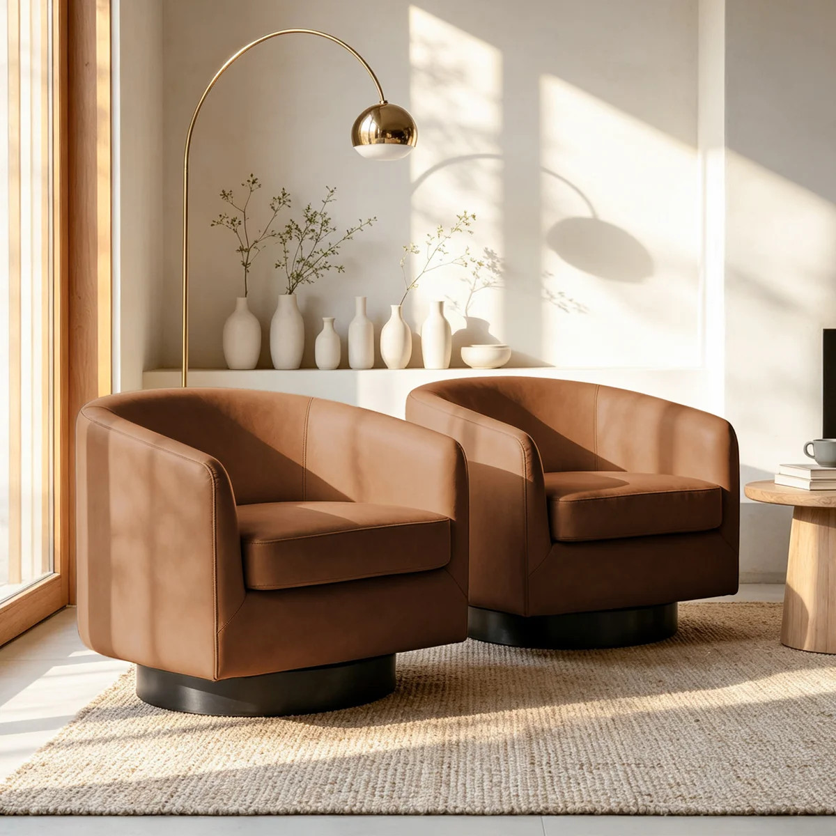 Frankie Upholstered Brown Faux Leather Swivel Barrel Chair with Solid Wood Base (Set of 2) | Wayfair North America