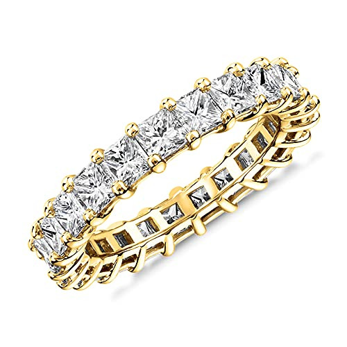 PAVOI 14K Yellow Gold Plated Princess Cut Cubic Zirconia Love Ring - 3mm Stackable Bands for Women - Gold Eternity Rings for Women, Size 7 | Amazon (US)