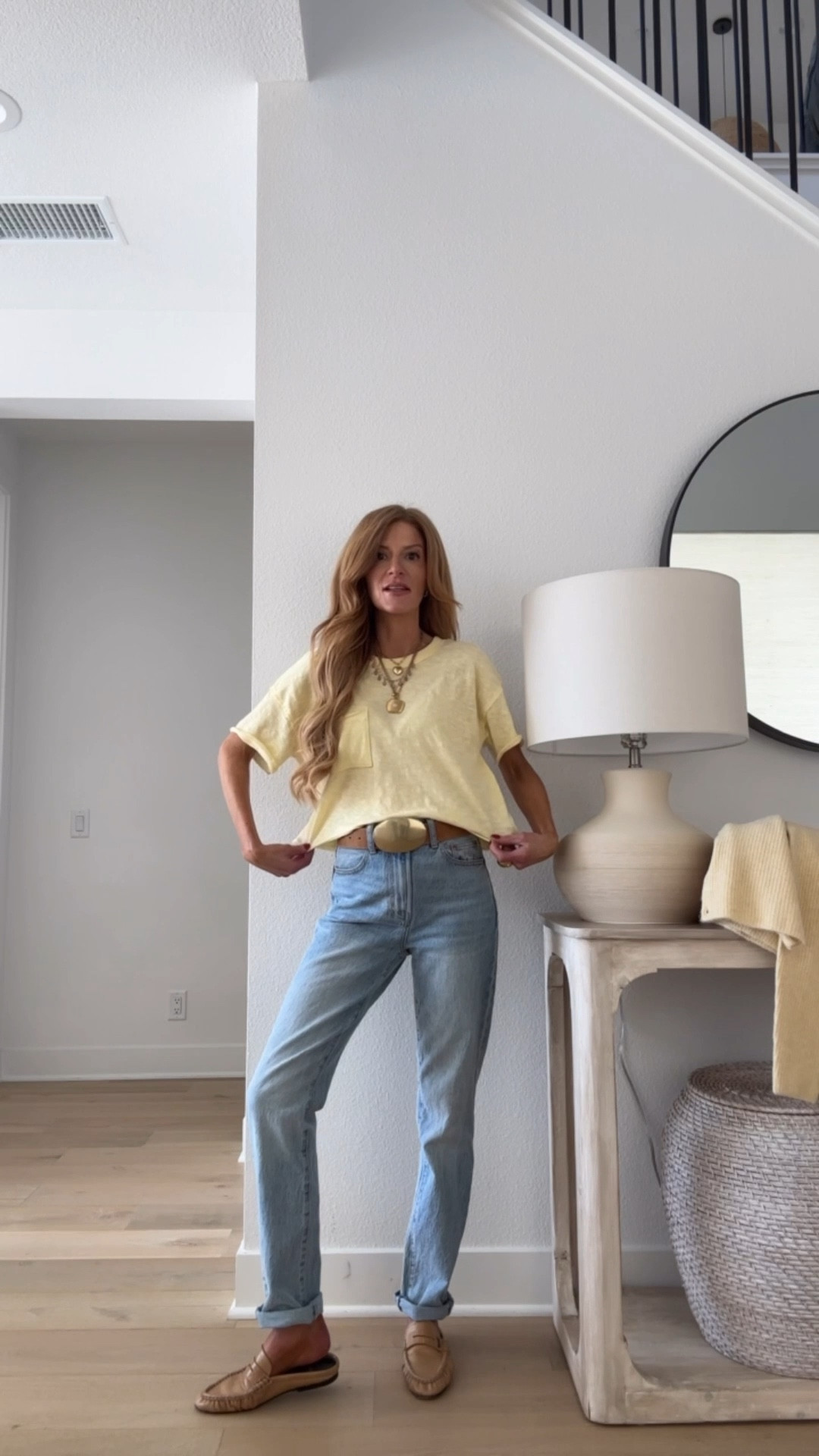 Yellow tee comfy jeans fun belt! 
Xs in the tee
Jeans run true (relaxed fit so comfy)
Loafers run true

#LTKValentine #LTKootd #LTKSeasonal