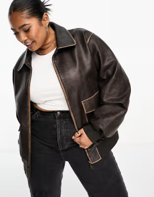 Urbancode Plus - Bomber in pelle sintetica marrone vintage | ASOS (Global)