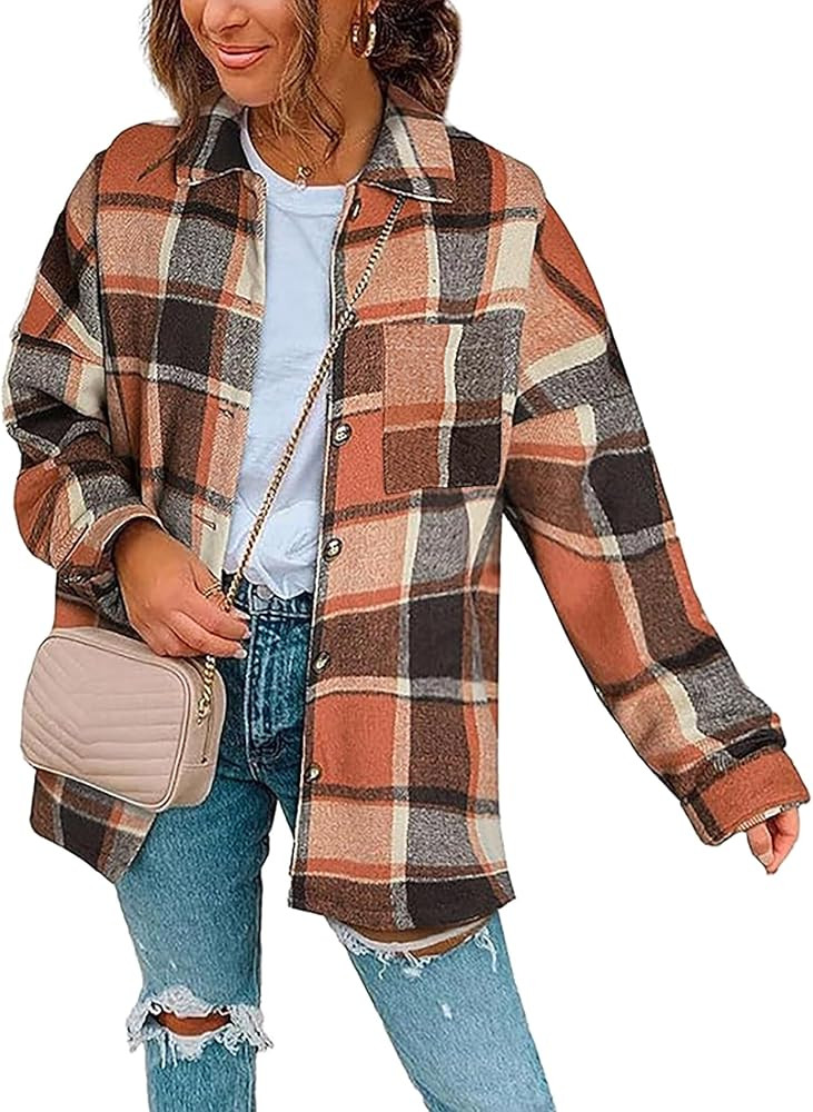 Zeagoo Women Flannel Shacket Jacket Plaid Button Down Long Sleeve Shirt Fall Outfits 2024 | Amazon (US)