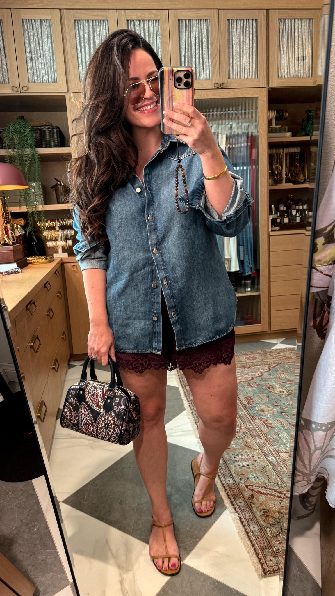 midsize casual summer to fall transition outfit. 

lace shorts xl 
denim top large 
carpet bag is old linked similar 
nude sandals 
fave new clean scent body spray

#LTKOver40 #LTKSeasonal #LTKootd
