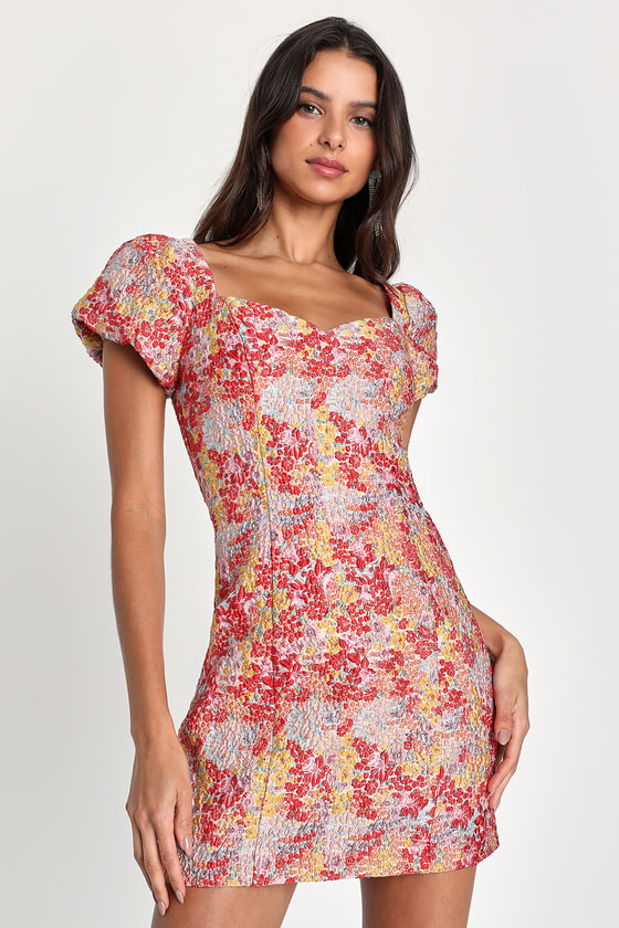 Sweetest Essence Blush Floral Jacquard Puff Sleeve Mini Dress | Lulus