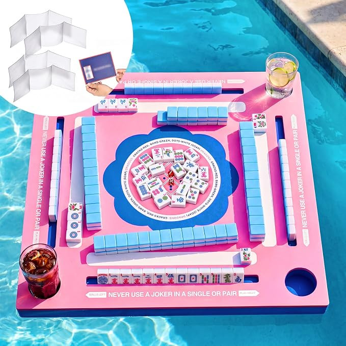 Floating Mahjong Table for Pool, Floating Mahjong Mat with 4 Mahjong Card Protector Cover for Mah... | Amazon (US)