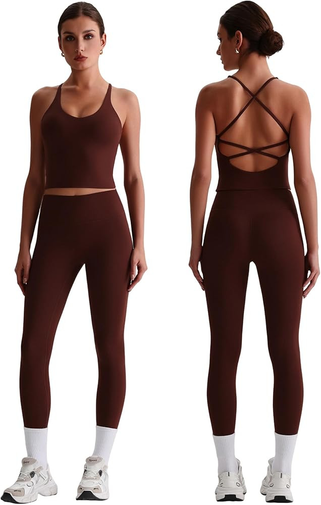 Womens Workout Sets Two Piece Y Back Tank Top Matching High Waist Leggings Sets Gym Work Out Clot... | Amazon (US)