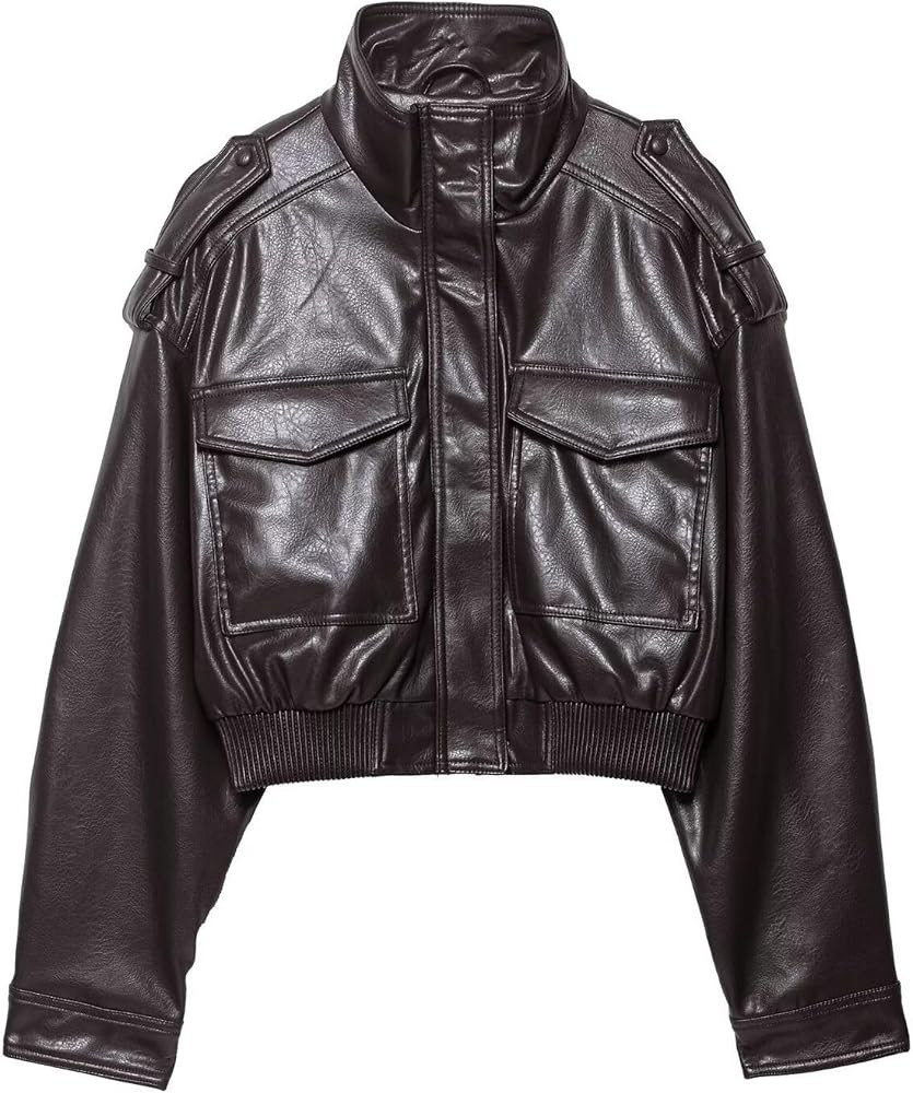 Women\u2019s Cropped Faux Leather Jacket Vintage Stand Collar Long Sleeve Zip Up Fall Fashion Mot... | Amazon (US)