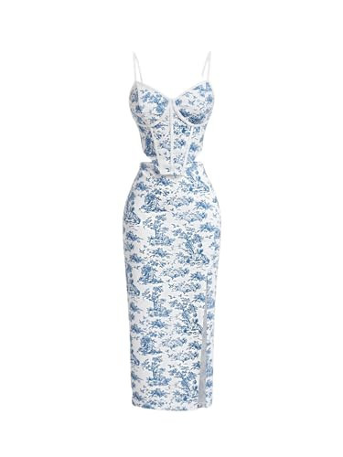 Milumia Women's 2 Piece Outfit Floral Sleeveless Corset Crop Top Split Long Skirt Set Blue and White Medium | Amazon (US)